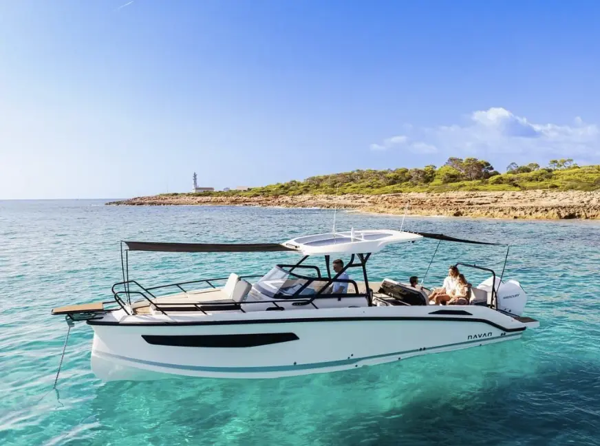 Modern powerboat over turquoise water